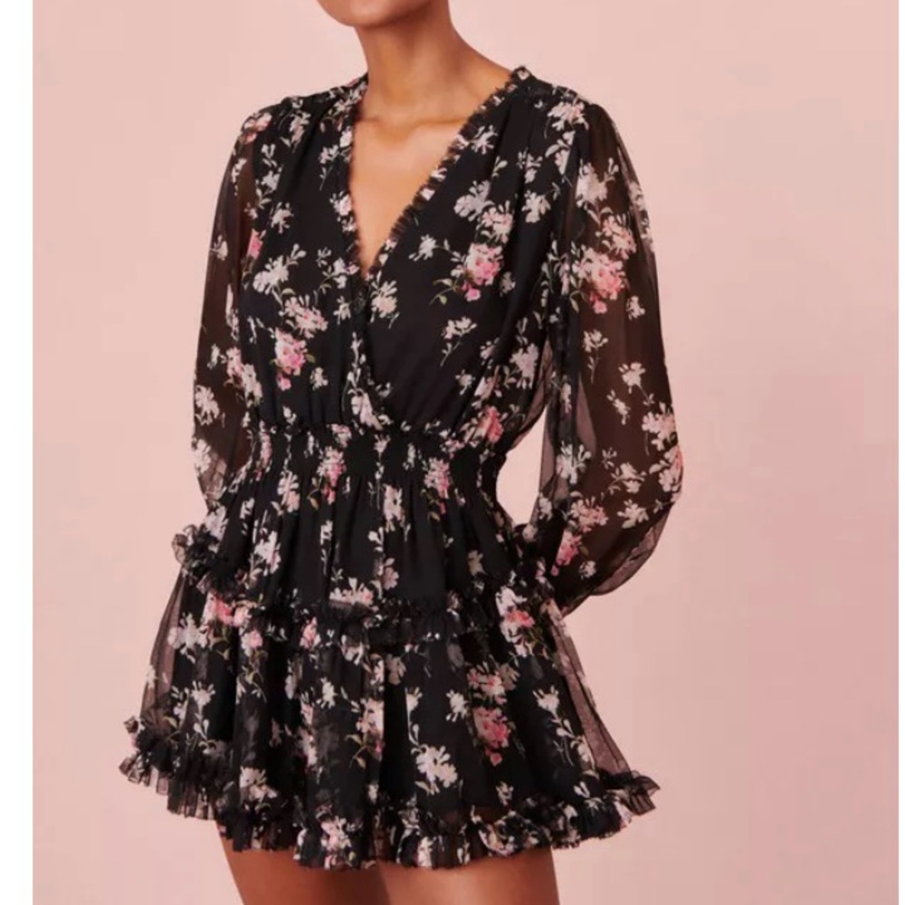 LoveShackFancy Silk Long Sleeves Black Floral Mini Dress size P